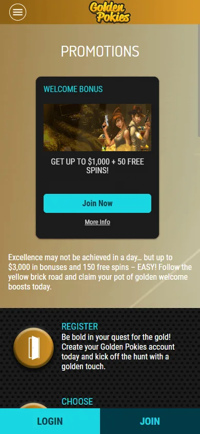 Golden Pokies Casino promotions page on a mobile device