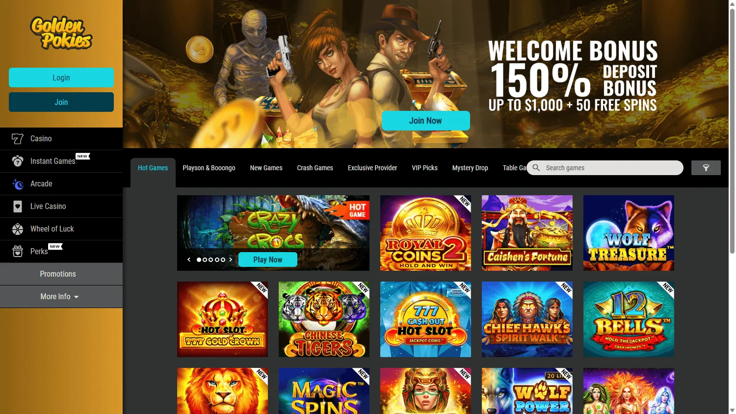 Golden Pokies Casino home page on desktop