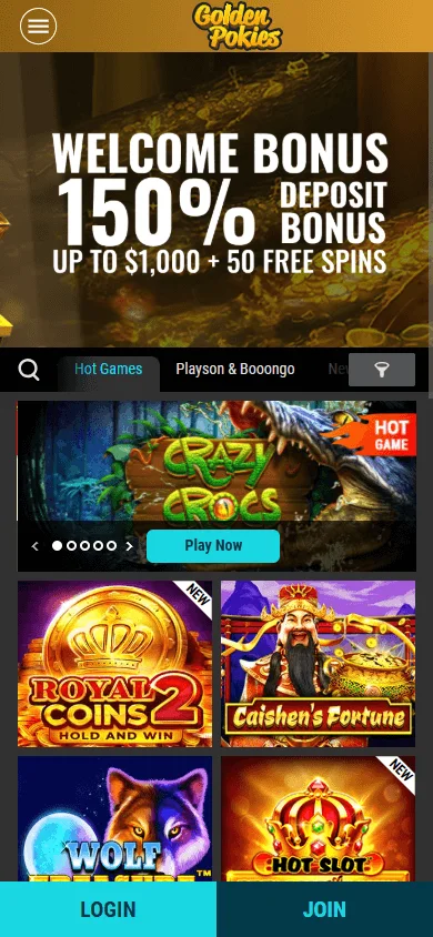 Golden Pokies Casino home page on a mobile device