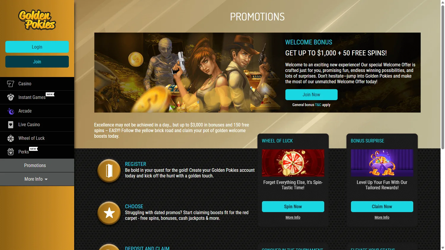 Golden Pokies Casino promotions page on desktop